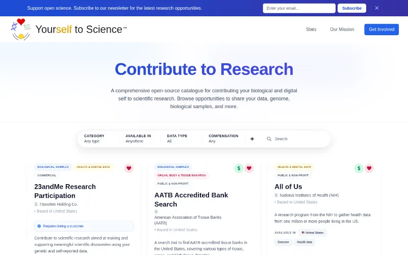 Screenshot of the Yourself to Science research-participation directory